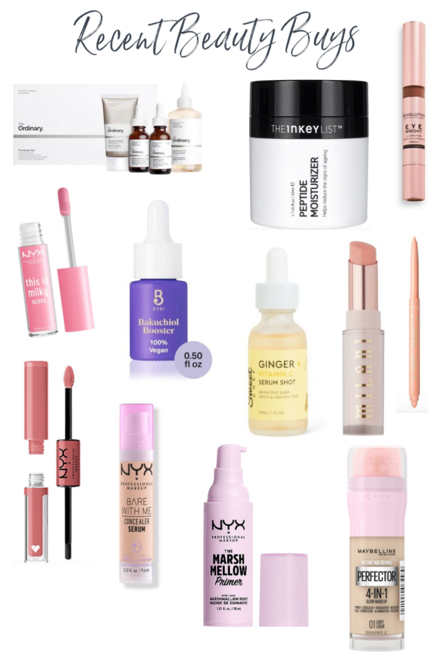 NYX lipgloss, milani makeup, tarte makeup, ordinary skincare, primer, foundation NYX concealere
